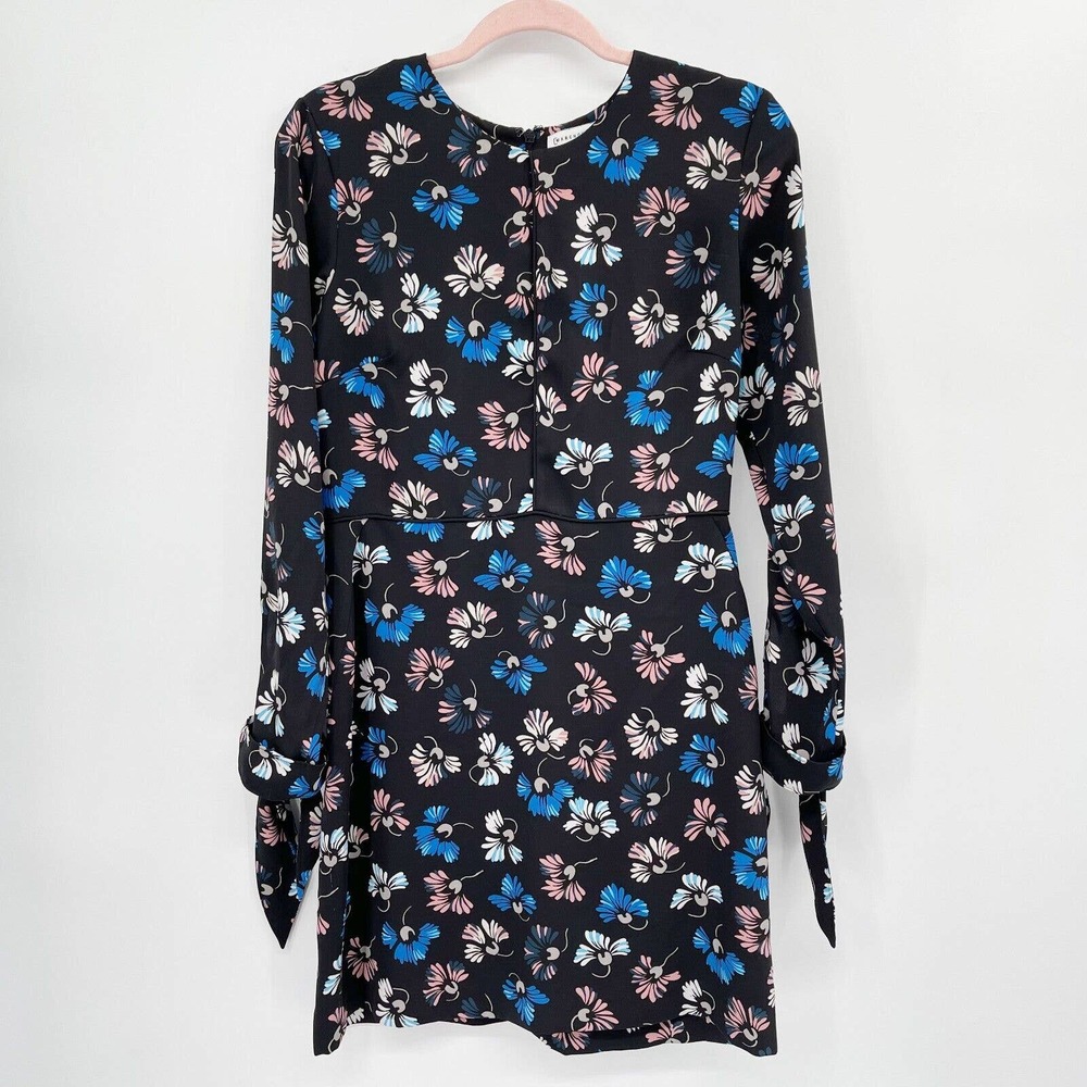 Asos Warehouse Floral Print Dress‎ Black Size 6 Long Sleeve Tie Cuff Crewneck